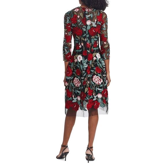 NWT TERI JON Floral-embroidered Illusion Midi-dress In Black Multi US18 $650 - Picture 4 of 11